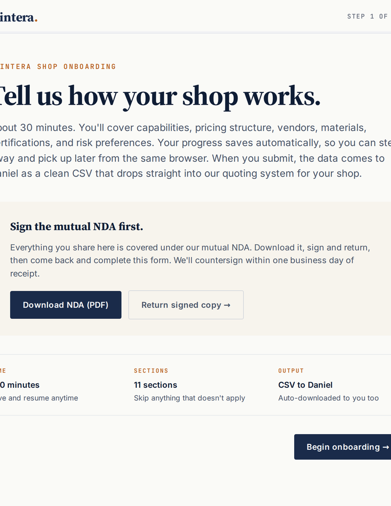 Stintera shop onboarding form — welcome screen